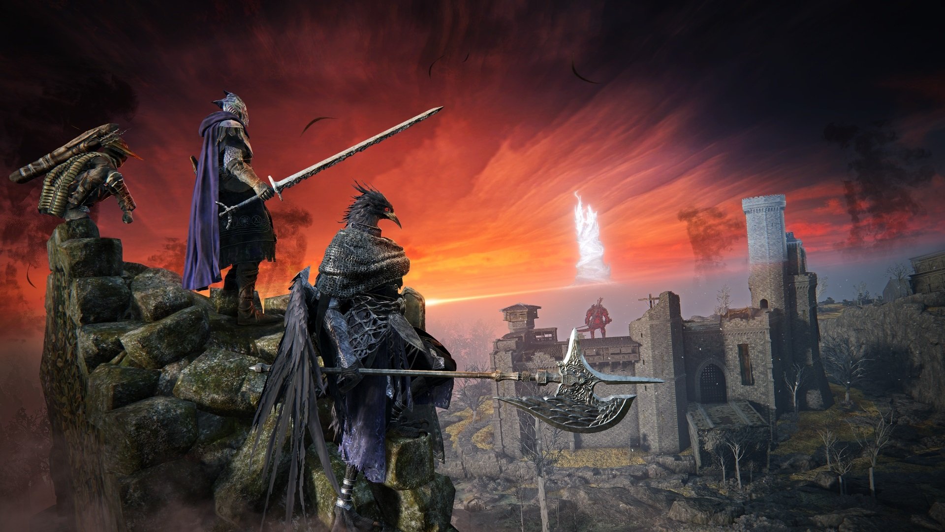 Nightreign characters look out at a castle.